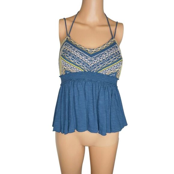 Free People Well Traveled Smocked Embroidery Blue Halter Tie Neck Tank Top Small - Picture 1 of 10